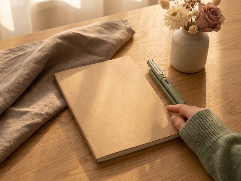 journaling for ADHD beginners — a closed notebook and pen on a desk, lacedopamine.com