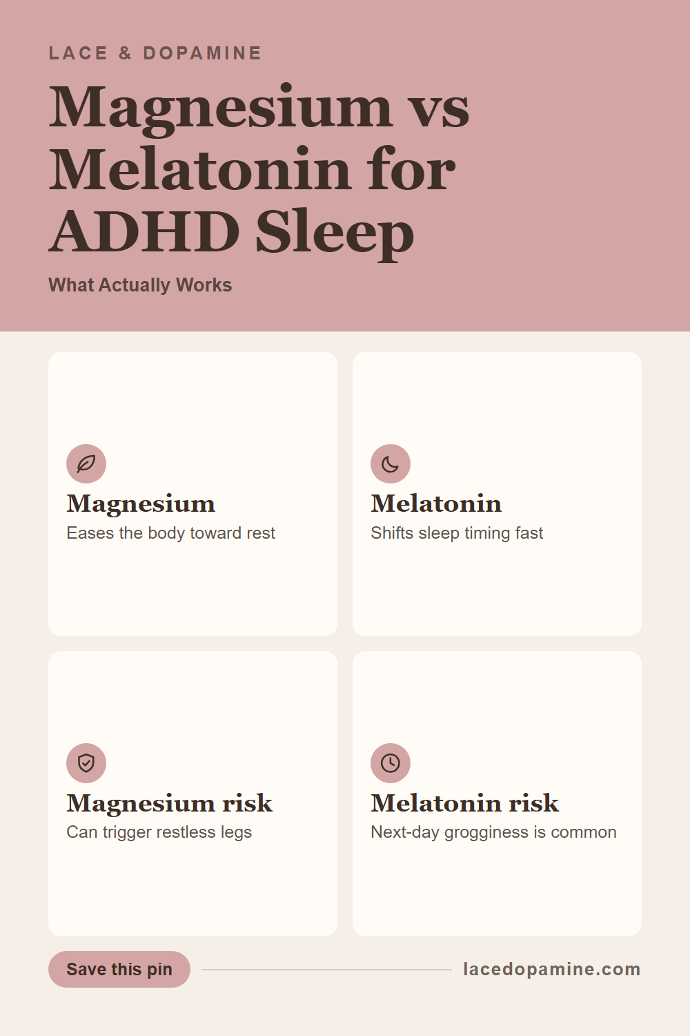 Magnesium vs melatonin for ADHD sleep are not interchangeable, even though they get recommended like they are. Magnesium works on the nervous system, easing the body toward rest, while melatonin works on timing, shifting when sleepiness arrives. Save this pin before your next hard night. — save this pin for later