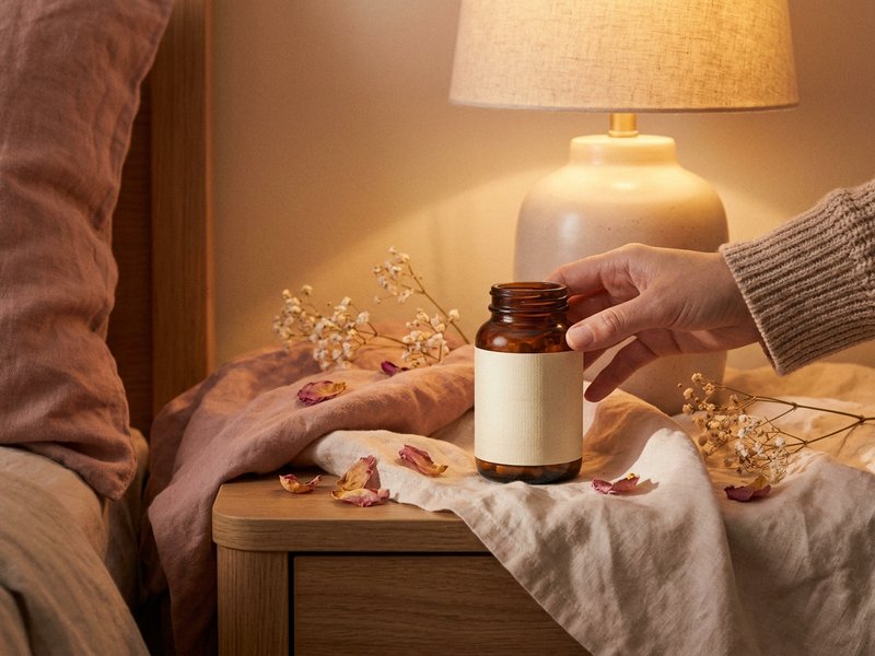 magnesium vs melatonin for ADHD sleep — a melatonin gummy bottle on a nightstand next to a dim lamp, lacedopamine.com