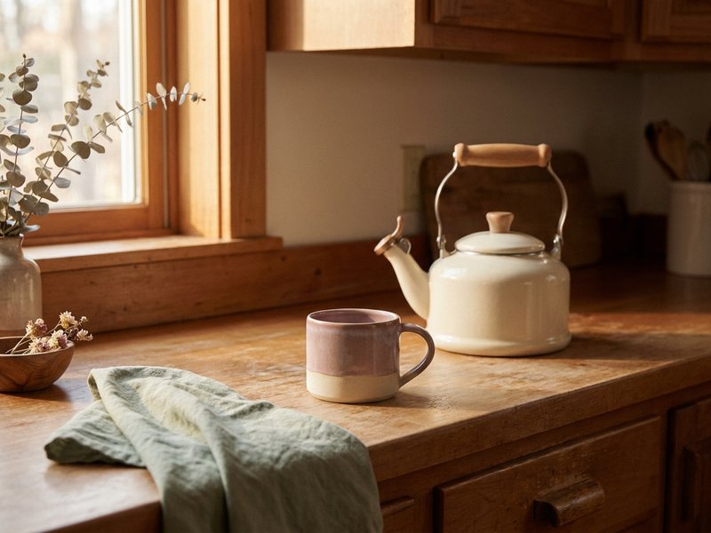 mindfulness practice ADHD — a small ceramic mug resting beside a kettle on a warm counter, lacedopamine.com