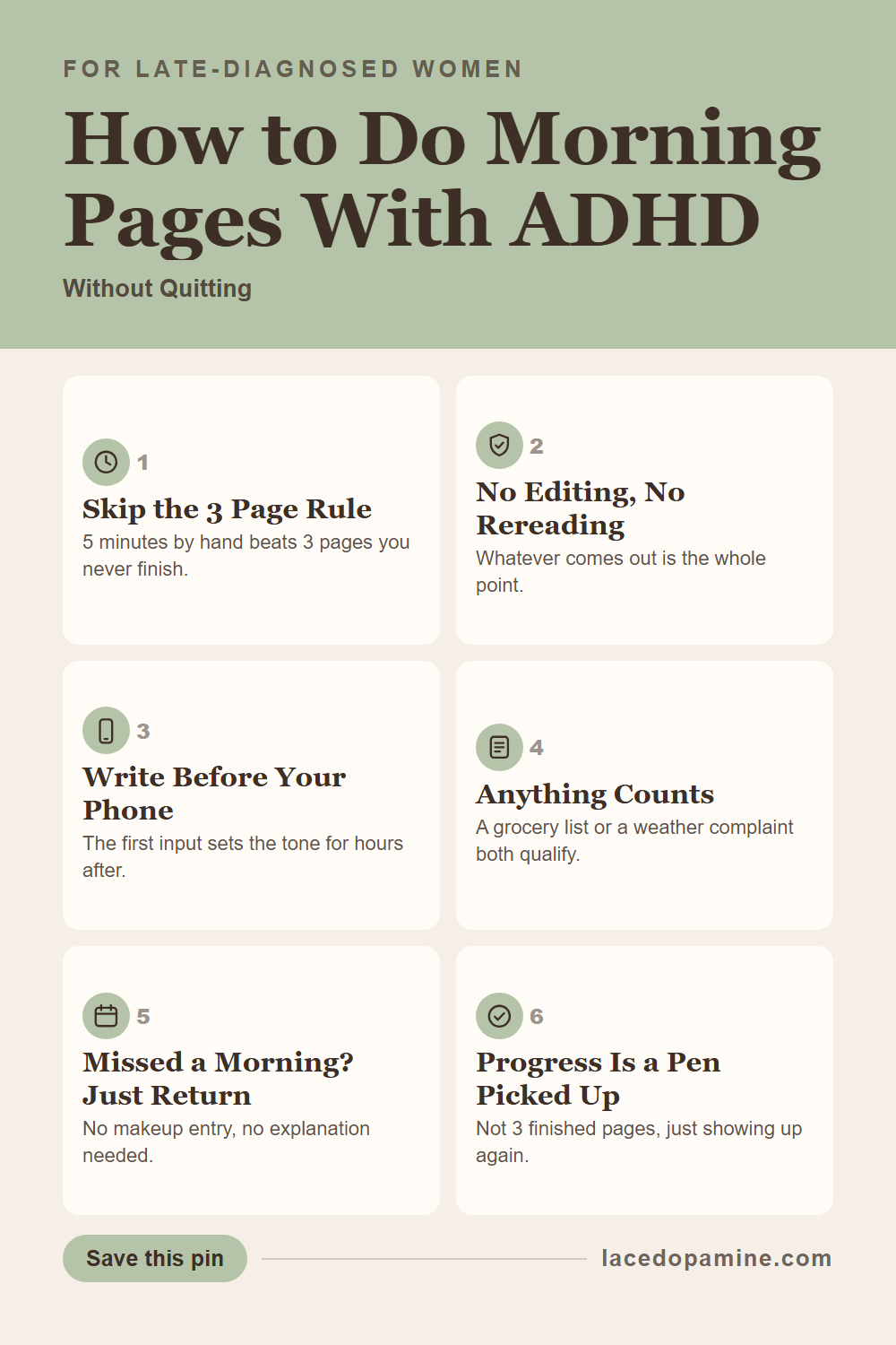 Morning pages for ADHD do not need 3 full pages. See why writing before your phone changes the whole day, what to actually write, and what to do when you miss a morning. This works like real healing journaling. Save this pin. — save this pin for later