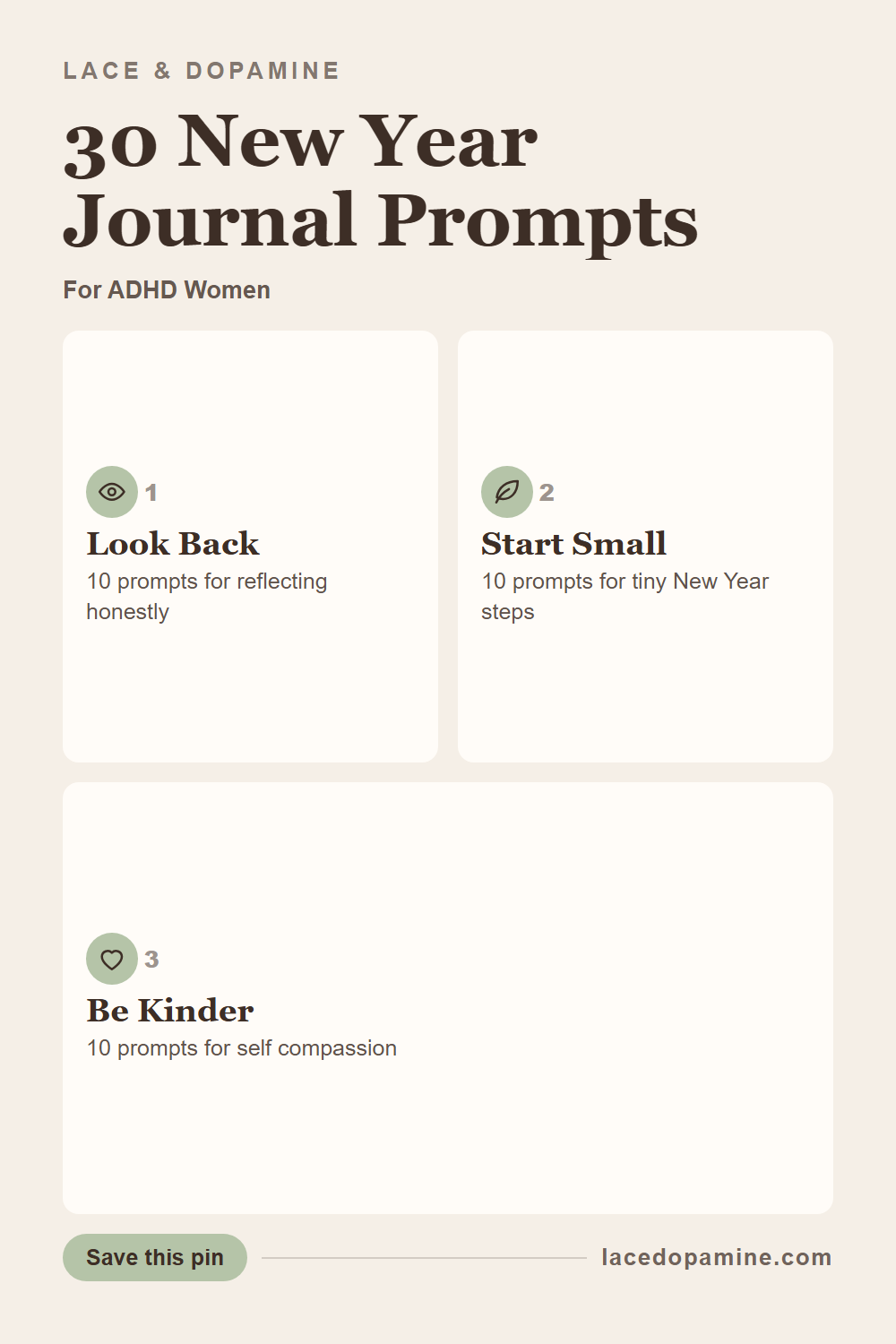 These new year journal prompts for ADHD brains skip the blank page and the pressure to write every day. Thirty short gratitude journal prompts, sorted into looking back, starting small, and being kinder to yourself. Save this pin for the next prompt you actually want to answer. — save this pin for later