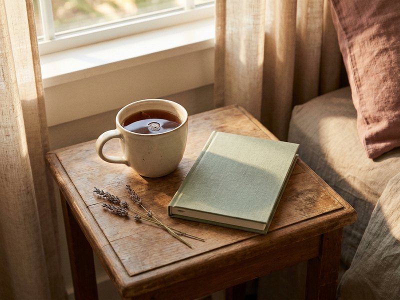 new year journal prompts ADHD — a warm mug of tea beside a closed journal, lacedopamine.com