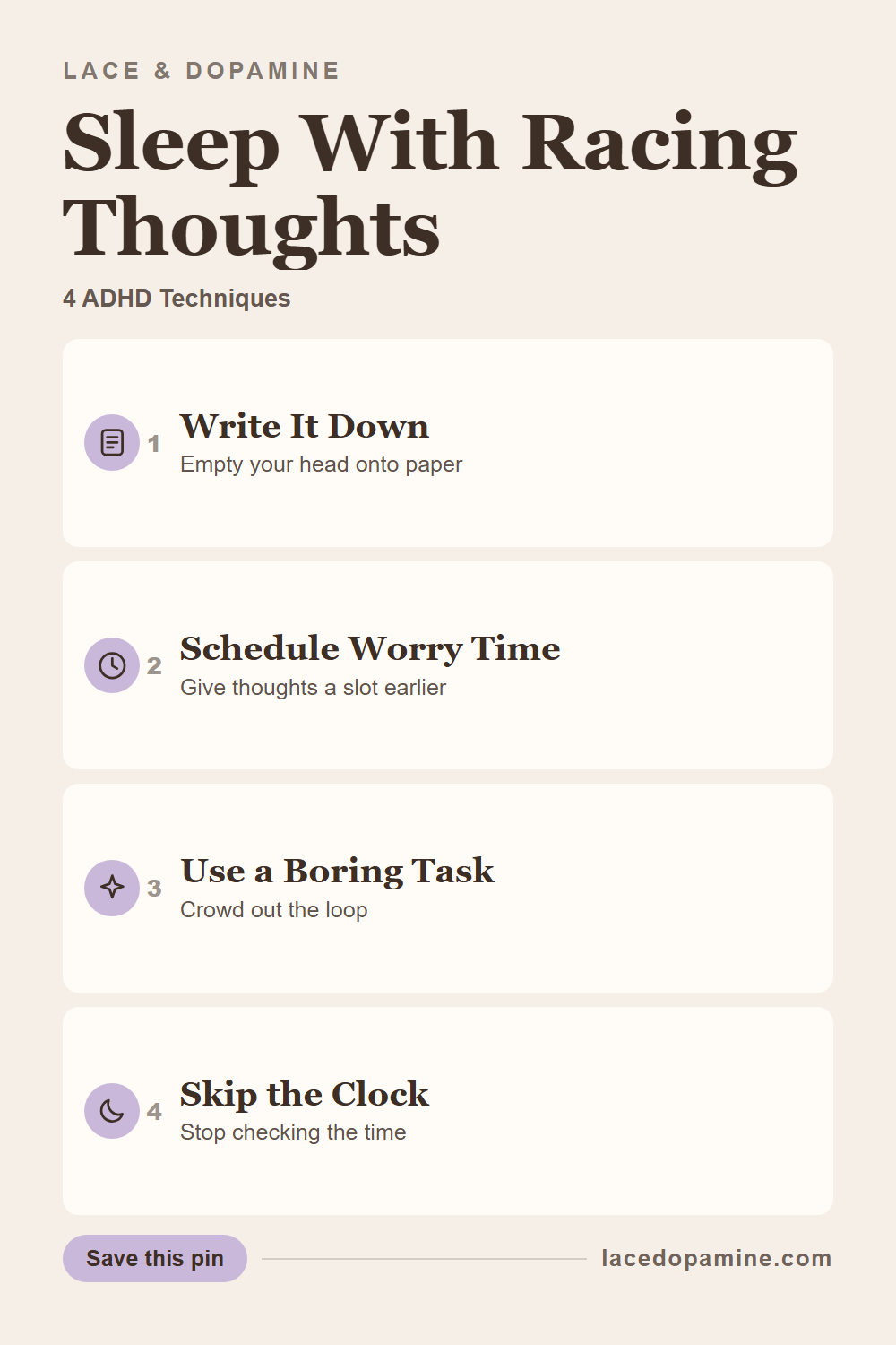 A racing ADHD mind at night responds better to 4 specific techniques used earlier in the evening than to willpower alone once you are already lying in the dark. Save this pin for the next night your thoughts will not settle. — save this pin for later