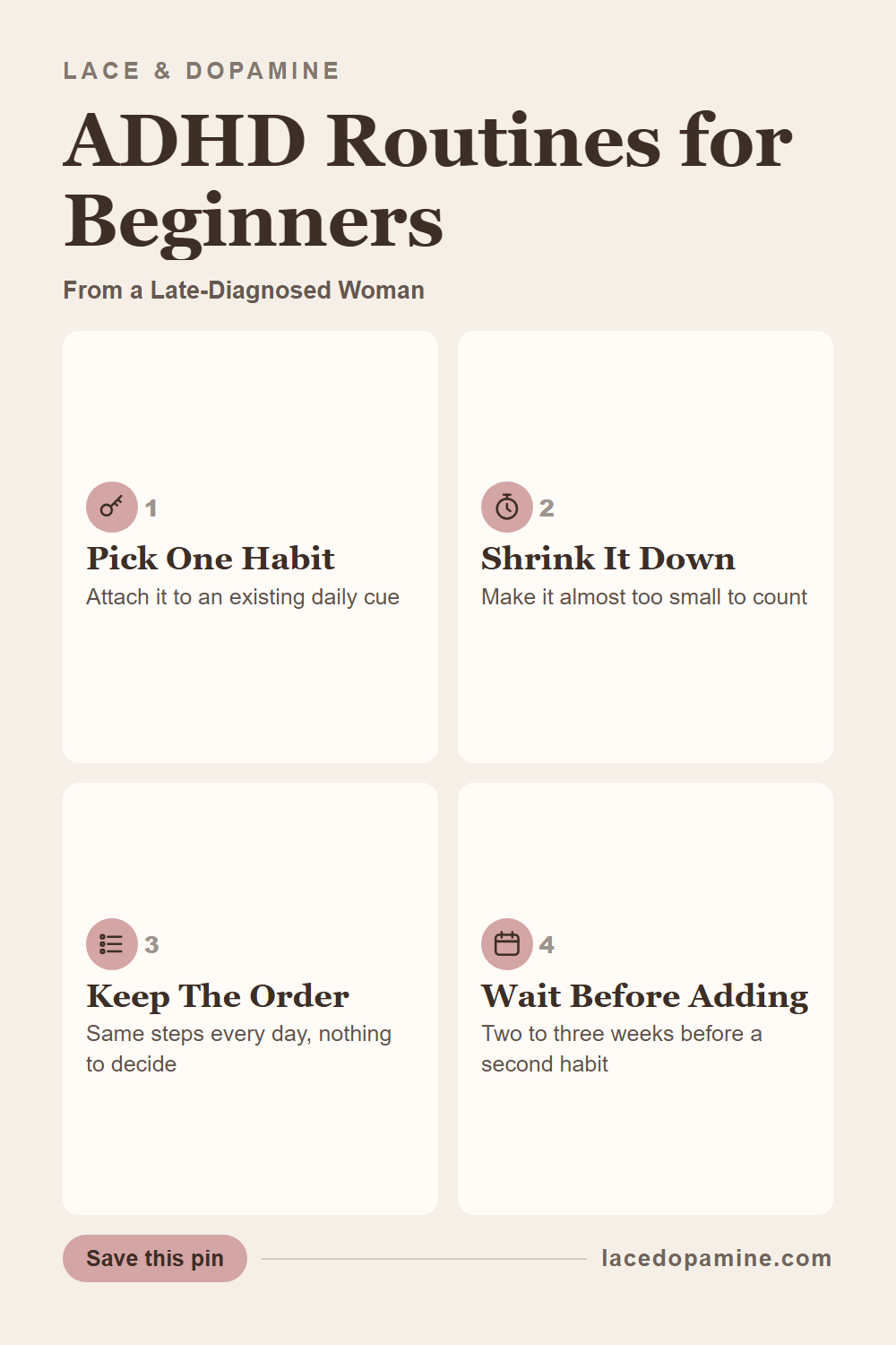 A gentle morning routine for ADHD beginners does not start with a five am alarm or a color coded planner. This is the version I built after my own late diagnosis, small enough to survive the hard days too. Save this pin for the soft way to get your mornings together. — save this pin for later