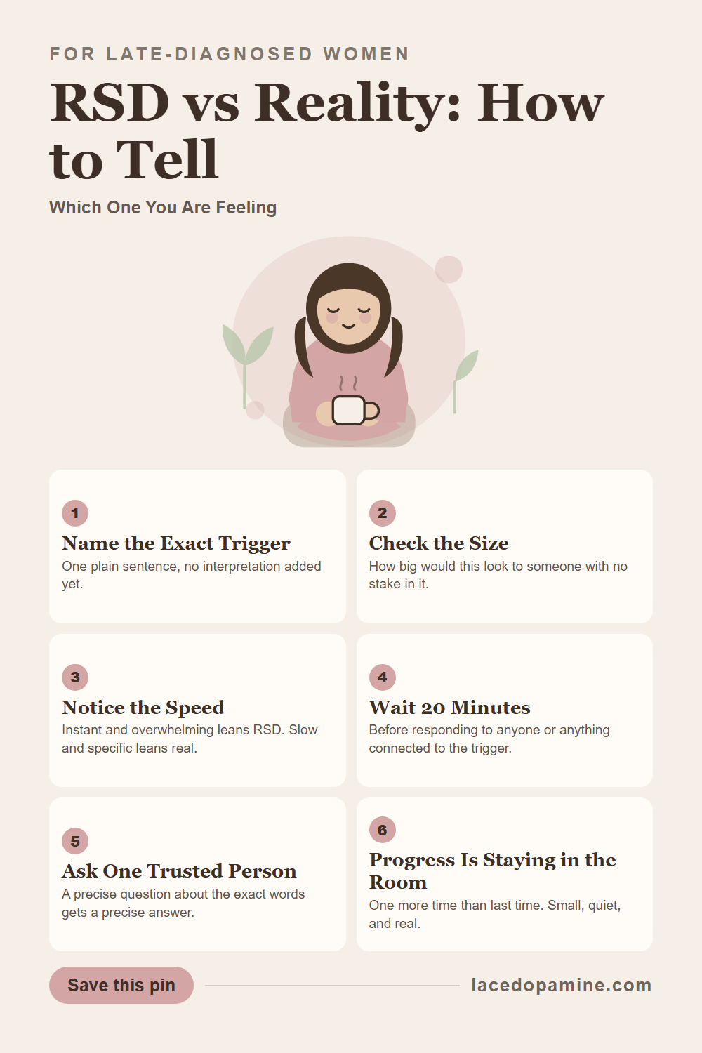 RSD vs reality: how do you actually tell them apart. This reality check method walks through the exact questions to ask before you react, plus what to do when the rejection turns out to be real. Emotional regulation you can use in the moment. Save this pin. — save this pin for later