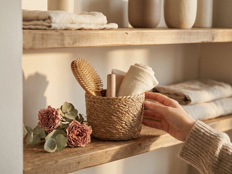 soft self care routine ADHD — a small basket of everyday self care items on a shelf, lacedopamine.com