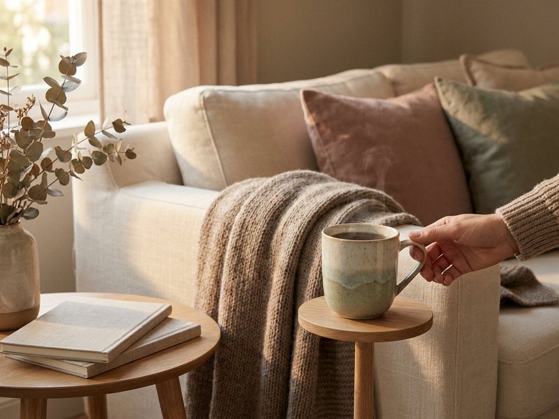 soft self care routine ADHD — a cup of tea and a folded blanket on a couch, lacedopamine.com