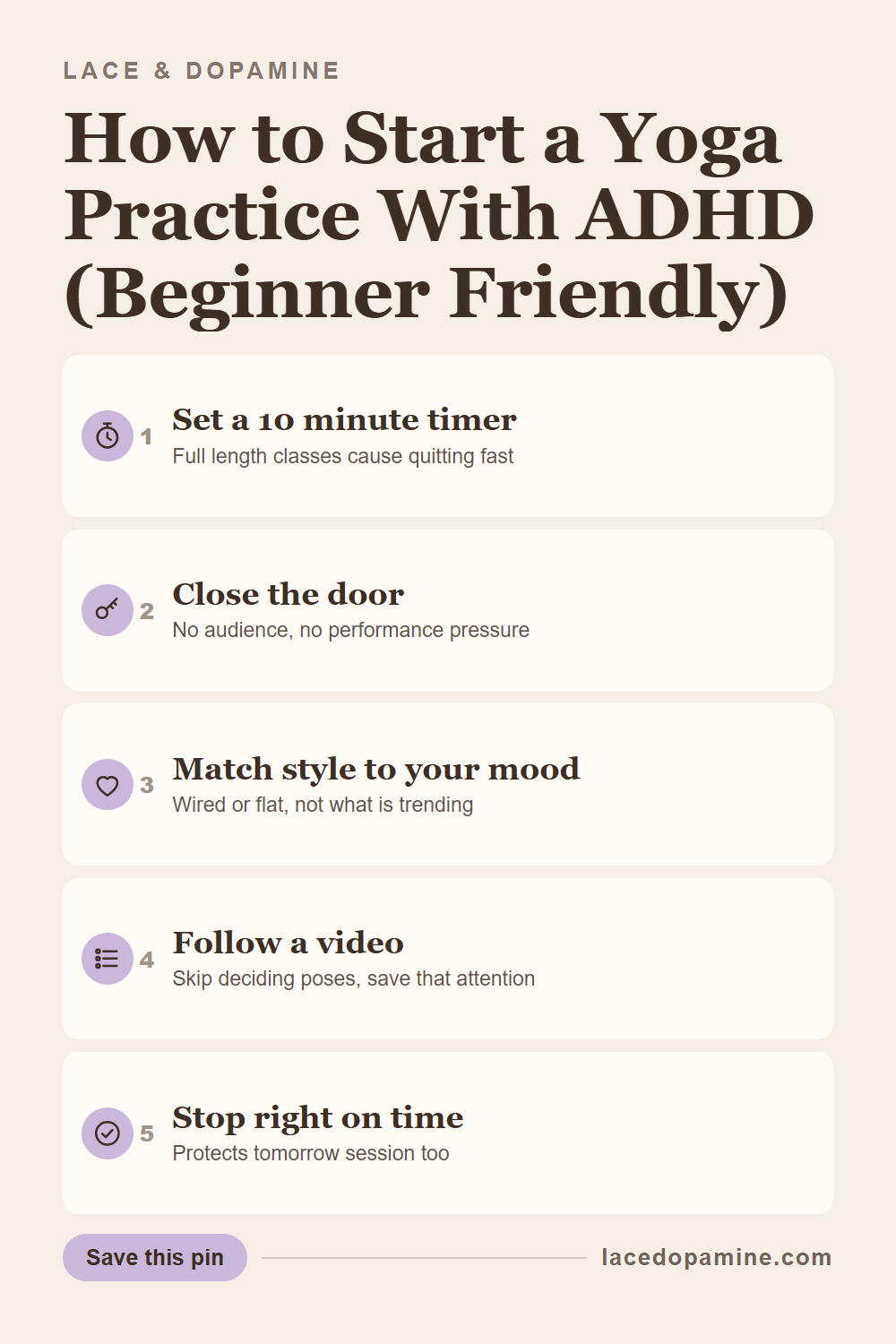 How to start yoga with ADHD comes down to regulating your nervous system, not willpower: ten minute sessions, the right style for your energy, and gear that stays simple. This guide covers why the standard gentle class does not fit every brain and what actually helps you stay on the mat. Save this pin for the week you finally try. — save this pin for later