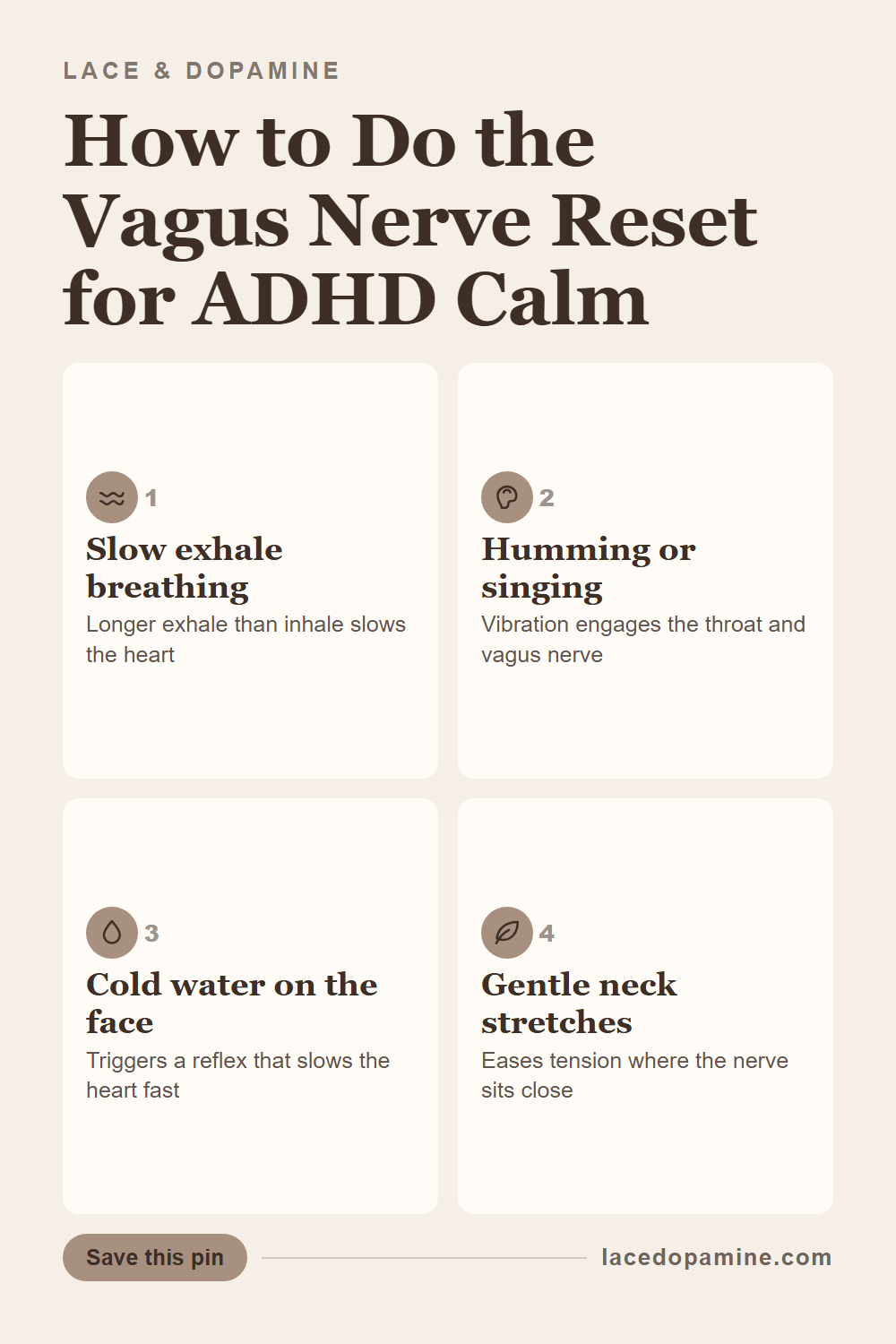 A vagus nerve reset for ADHD works through regulating your nervous system directly, not through willpower: slow exhale breathing, cold water on the face, and humming all signal the body to calm down fast. This guide covers the exact steps and why daily practice matters more than using it only in a crisis. Save this pin for your next spiral. — save this pin for later