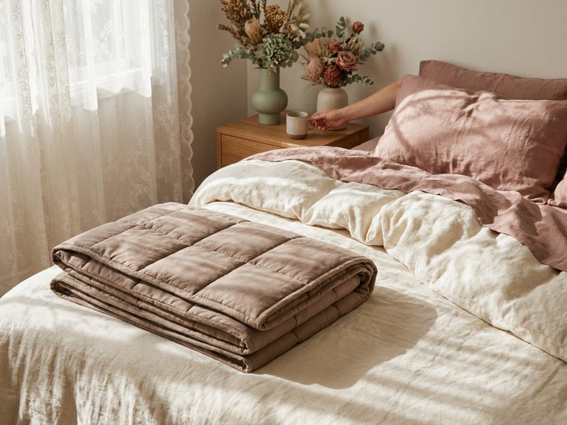 weighted blanket ADHD — a neatly folded weighted blanket on a bed, lacedopamine.com